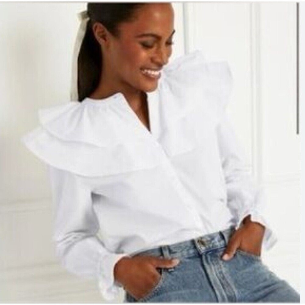 Hill House Home White Ruffle Collar Blouse XS Cotton Button Front Top
